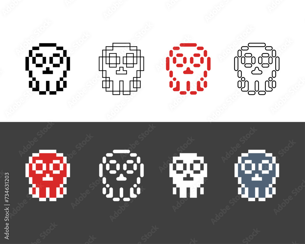 Poster pixel art outline sets icons of gold skull bone sign variations in color.skull icon in pixelated sty