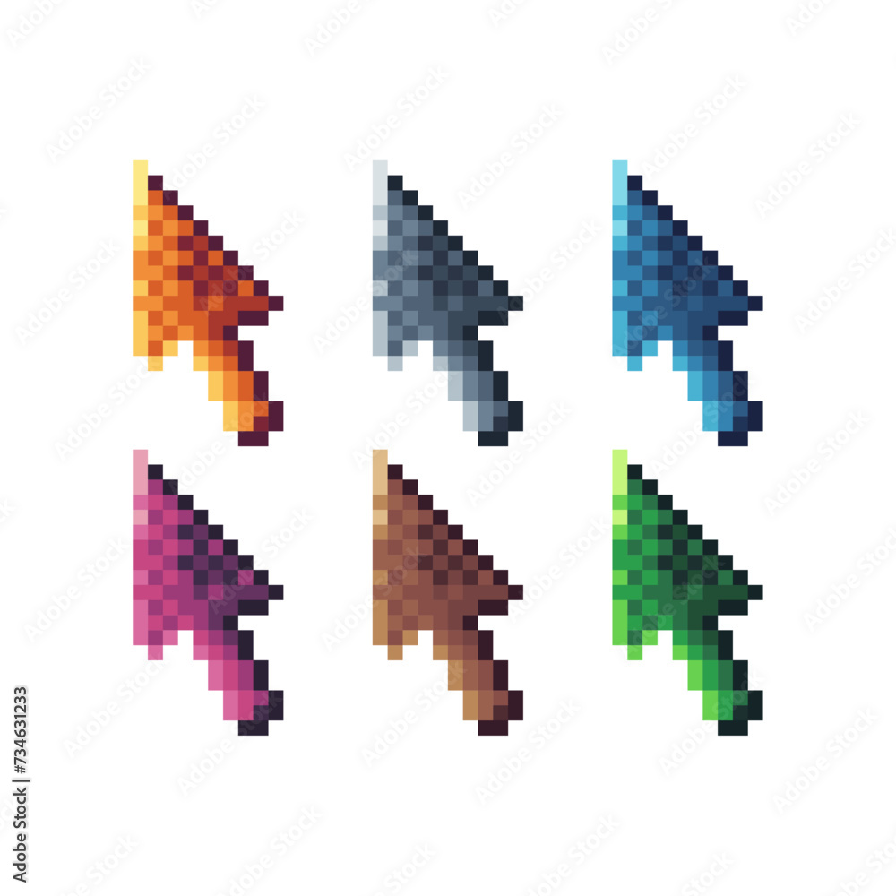 Poster pixel art sets icons of mouse arrow sign variations in color.pointer icon in pixelated style. 8-bit 