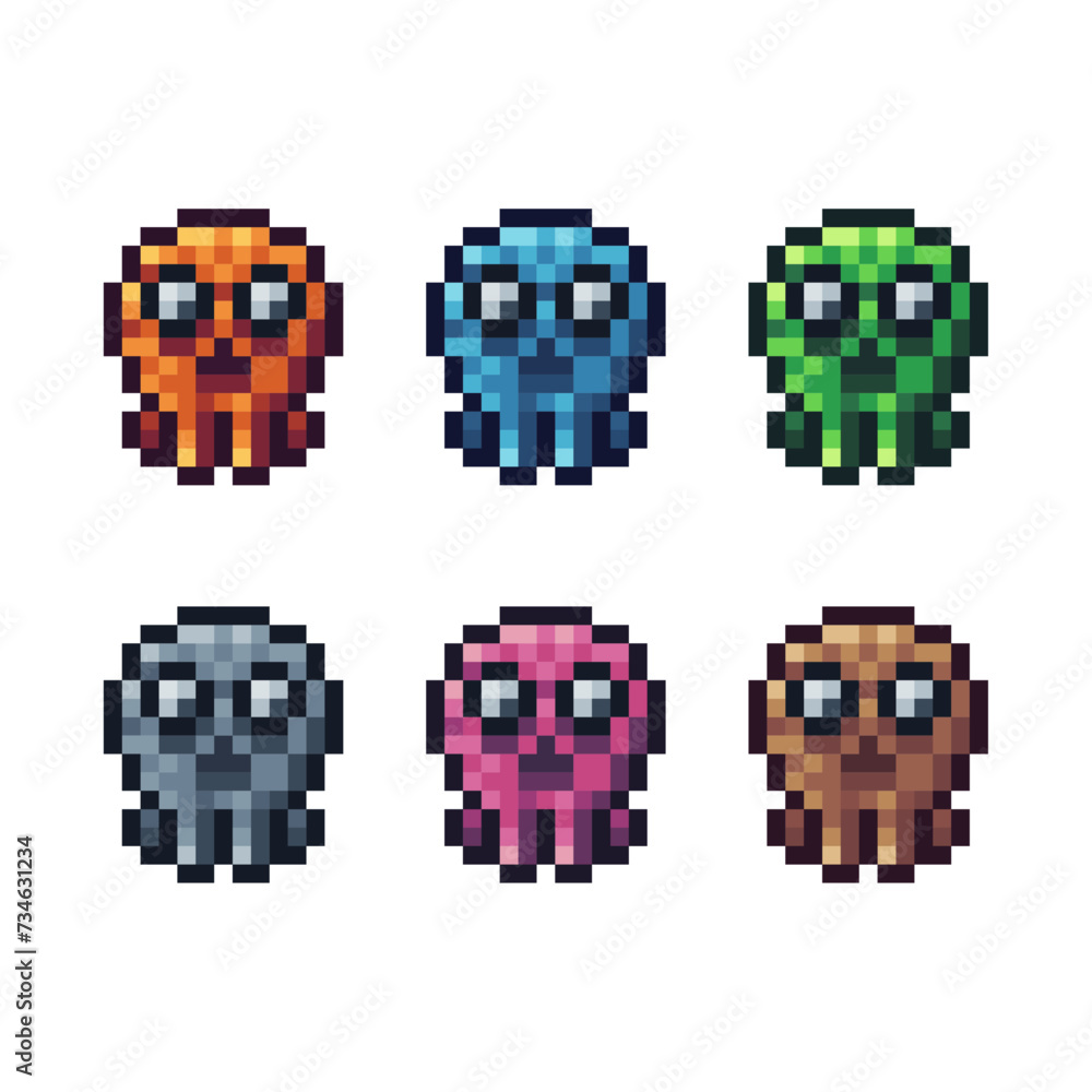 Poster pixel art sets icons of gold skull bone sign variations in color.skull icon in pixelated style. 8-bi