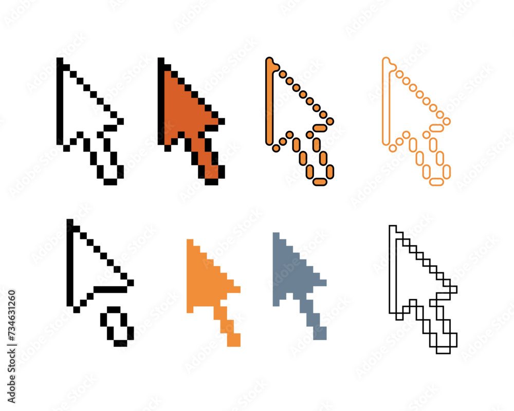 Poster pixel art outline sets icons of mouse arrow sign variations in color.pointer icon in pixelated style