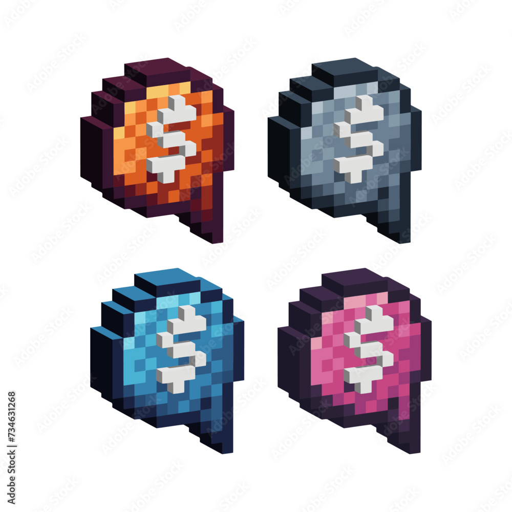 Poster isometric pixel art 3d of dialog box money icon for items asset. bubble chat icon on pixelated style