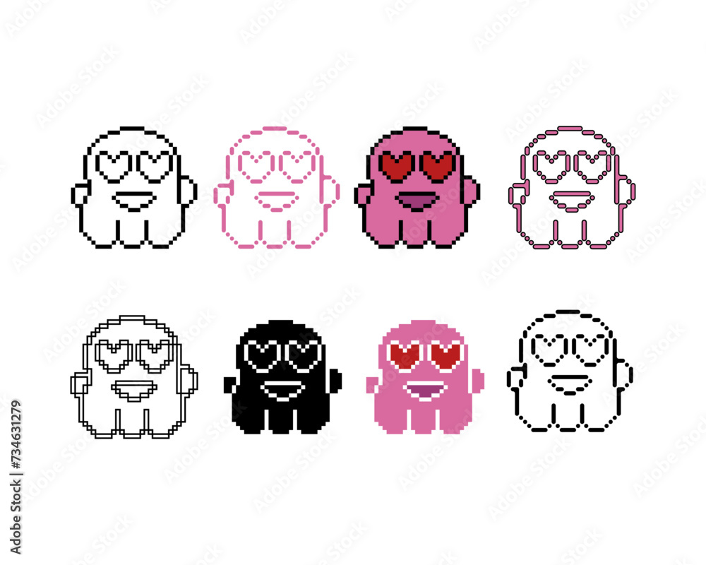 Poster pixel art outline sets icons of cute ghost char variations in color.love ghost icon in pixelated sty