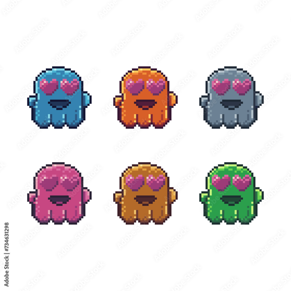 Poster pixel art sets icons of cute ghost char variations in color.love ghost icon in pixelated style. 8-bi