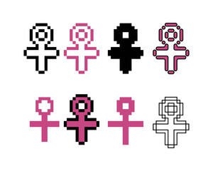 Obraz premium Pixel art outline sets icons of female sign variations in color.Female gender icon in pixelated style. 8-bit Illustration,for design asset elements, game UIs, and mobile apps,vector icon collection.