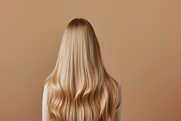 Fototapeta premium Blonde hair s back view shiny and smooth cared for and dyed isolated on a beige background