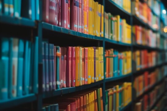 Blurred image of books on shelves with vibrant colors