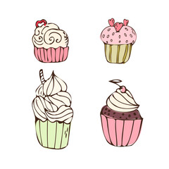 Doodle cupcakes with cream - sweet food icon isolated