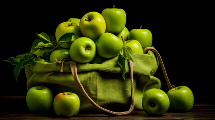 Bag made of natural fabric with green apples.