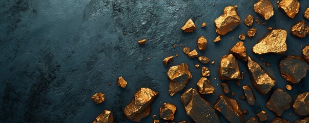 Gold nuggets on black background with copy space, concept of business, gold, mine, treasure, rich, market. - obrazy, fototapety, plakaty