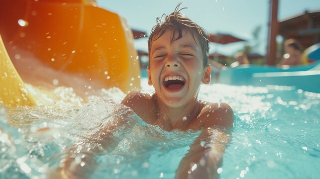 Happy little boy slides down a water slide and has fun. The boy swims in the pool after going down the water slide in summer, concept of happiness in summer holidays, joyful childhood, swimming.
