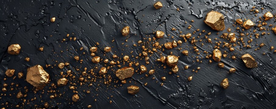Gold nuggets on black background with copy space, concept of business, gold, mine, treasure, rich, market.