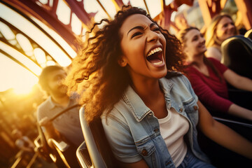 Joyful Young Woman Screaming with Excitement on Roller Coaster Ride at Sunset. Amusement Park Fun Concept