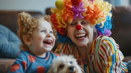 Happy little kid and grandma in colorful clown wigs stroking dog, sitting on couch, laughing, looking at camera for funny portrait, meeting for playtime at home party, celebrating birthday