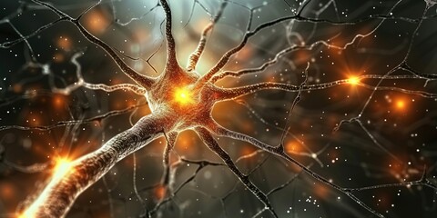 Abstract close up neurons cells presentation. Synapses and axones transmitting electrical signals. concept of electrical signal transport, neural system, AI. - obrazy, fototapety, plakaty