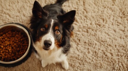 Cute border collie dog looking up at the camera with a bowl full of pet dry kibble food on beige carpet background with copy space, concept of funny animal waiting for treat, picky on food, greedy dog - obrazy, fototapety, plakaty