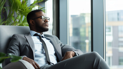 Confident serious focused stylish rich african black man sitting in chair at home looking away through window dreaming thinking of success, leadership, business vision, planning future in luxury life.