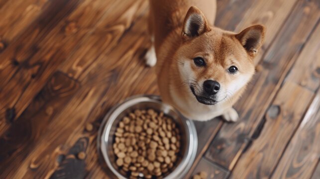 Cute shiba inu(柴犬) dog looking up at the camera with a bowl full of pet dry kibble food on wooden floor background with copy space, concept of funny animal waiting for treat, picky on food, greedy dog