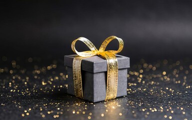 Gift box and golden ribbon on black background with glitter. Black friday sale concept. Banner