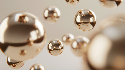 Elegant 3D rendering of shiny golden spheres with reflections, floating effortlessly in a light beige environment.
