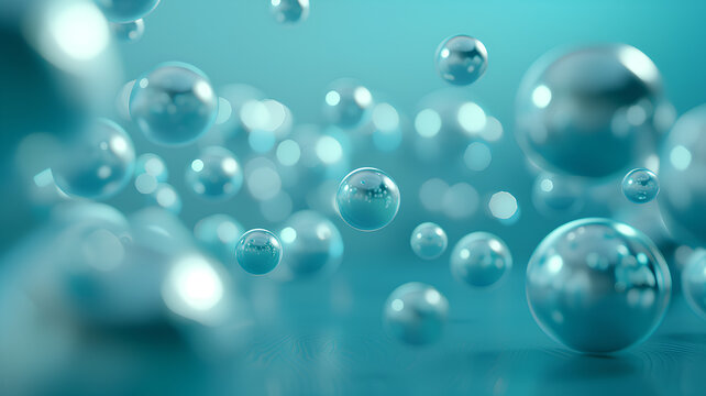 3D render of transparent blue bubbles with reflections, floating in a soft blue environment. © wanchai
