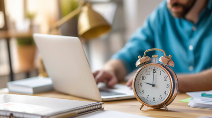 Alarm clock on table in front of business man using laptop at home, concept of time management, work deadline.