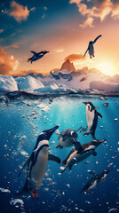 penguin jumping and playing in the sea at north pole