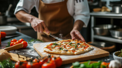 Mid aged Italian male chef preparing pizza in professional modern kitchen background, close up,...