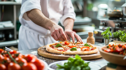 Mid aged Italian male chef preparing pizza in professional modern kitchen background, close up,...
