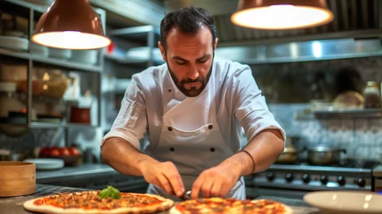 Foto op Canvas Mid aged Italian male chef preparing pizza in professional modern kitchen background, close up, concept of food preparation, local food, traditional Italian pizza, handmade whole foods. © Jasper W