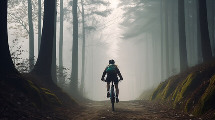 Cyclist Riding Through Misty Forest Path at Dawn. Outdoor Adventure Concept