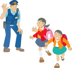 登校する子供達に手をふる警察官のイラスト