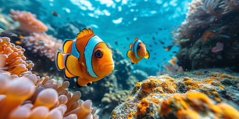 clone fish in under sea closeup. Tropical reef fish - Clownfish (Amphiprion ocellaris) .Ai