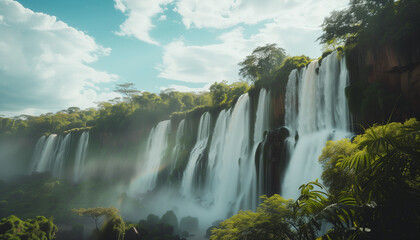 A majestic waterfall cascades down a lush, tropical cliffside, shrouded in mist and highlighted by a soft rainbow in the sunlit spray