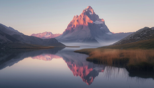 The first light of dawn casts a soft pink glow on a majestic mountain peak, mirrored perfectly in the calm waters of an alpine lake © Seasonal Wilderness