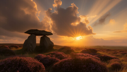 The setting sun casts a breathtaking display of rays over an ancient dolmen