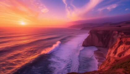 The sun sets over a dramatic coastline, casting vibrant hues of purple and orange across the sky and ocean, with powerful waves crashing against the rugged cliffs