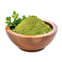 pile of finely dry organic fresh raw cilantro powder in wooden bowl png isolated on white background. bright colored of herbal, spice or seasoning recipes clipping path. selective focus