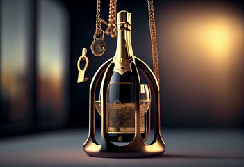 3d illustration, 3d rendering. Bottle of champagne hanging in drip stand. Generative AI