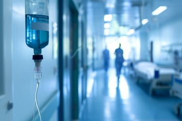 Blurred hospital background with a patient receiving a drip