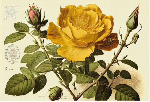 Yellow Sulphur Rose Old illustration of (Rosa hemisphaerica). Created by P. R. Redoute, published on Les Roses, Imp. Firmin Didot, Paris, 1817-24. Generative AI