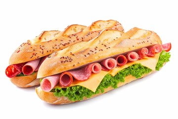 Assorted deli sandwiches with salami ham and cheese presented on a white background