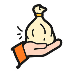 Money bag in hand doodle icon. Hand holding money bag. Donation doodle icon.