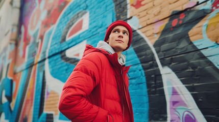 Stylish fashion young man in red posing in front of street art graffiti, city portrait of young...