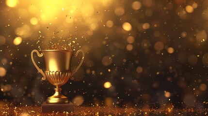 Champion golden trophy placed on celebration shiny blurred background with copy space.