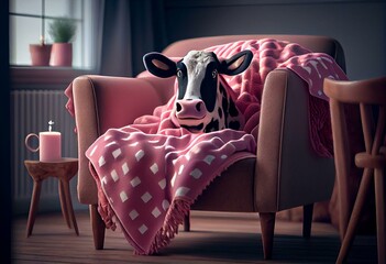 Cute lazy cow sitting in a chair and covered with a pink blanket - AI generated funny animal. Generative AI - obrazy, fototapety, plakaty