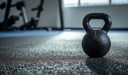 Fototapeta premium Black kettlebell in fitness room with gray carpet