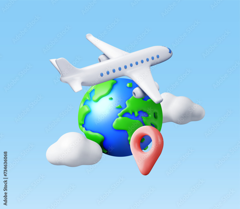 Poster 3d airplane in clouds and globe isolated. render world travelling by plane. world map with location 