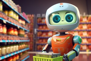 Artificial intelligence robot shopping vegetables, Super cute Robot in the supermarket buying vegetables, Delivery concept, Ai generated