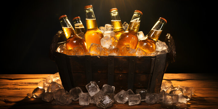 Brilliant colors and a metal bucket with beer bottles and ice cubes on a hardwood background