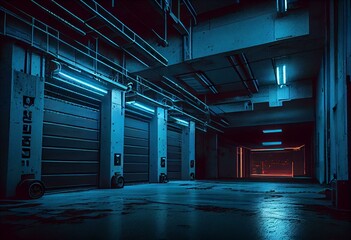 Cyber Garage Neon Fluorescent Blue Cinematic Glowing Lights Studio Empty Showroom Tunnel Concrete Floor Alien Spaceship Hangar Underground Background 3D Rendering. Generative AI